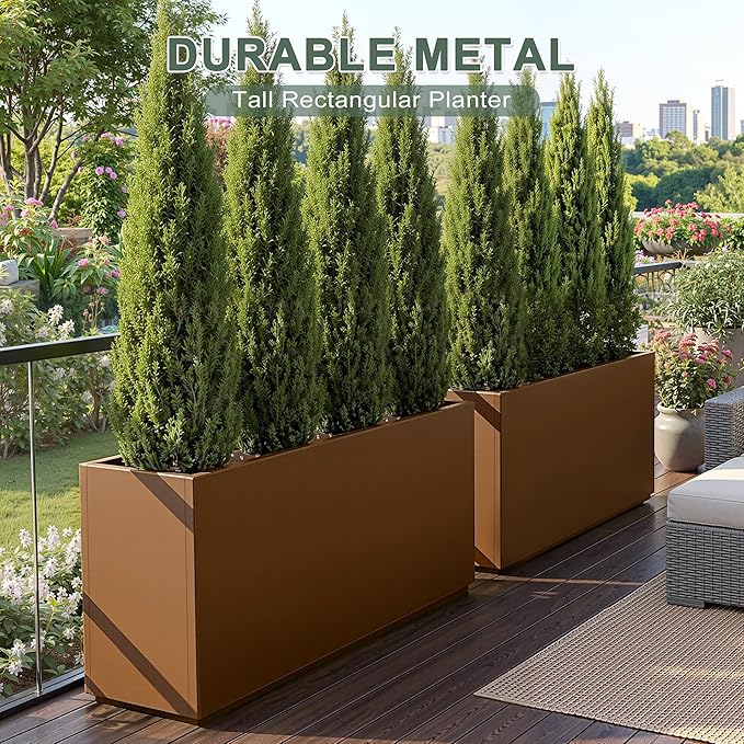 Metal Outdoor Planter Box, Rectangular Large Planters for Outdoor Plants with Drainage Holes for Patio, All-Weather Use, Rust-Resistance (38" L x 15" W x 16" H, Brown)