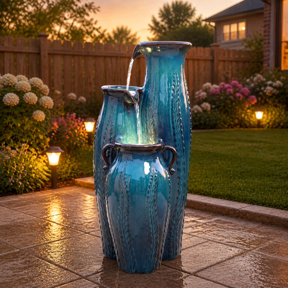 30" Ceramic Vase Water Fountain Outdoor with LED Lights (Turquoise Cascading Vase 29.5"h)