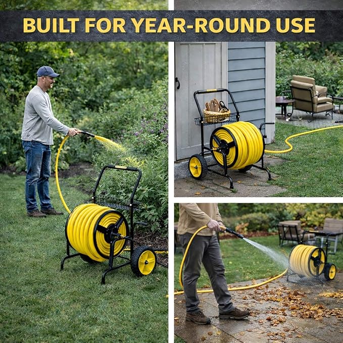 Hose Reel Cart, Hold Up to 300 ft of 5/8'', Garden Hose Cart with 2 Wheels, Heavy Duty Freestanding Water Hose Reels for Outside Garden Lawn Yard Outdoor (300ft Hose Capacity)