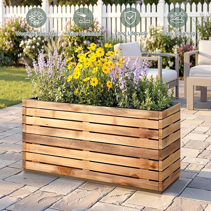 Rectangular Planters for Outdoor Plants, Large Planter Box with Drainage Holes, Metal Balck Palnters for Patio, Garden (32" L x 15" W x 16" H, Walnut Wood Grain)