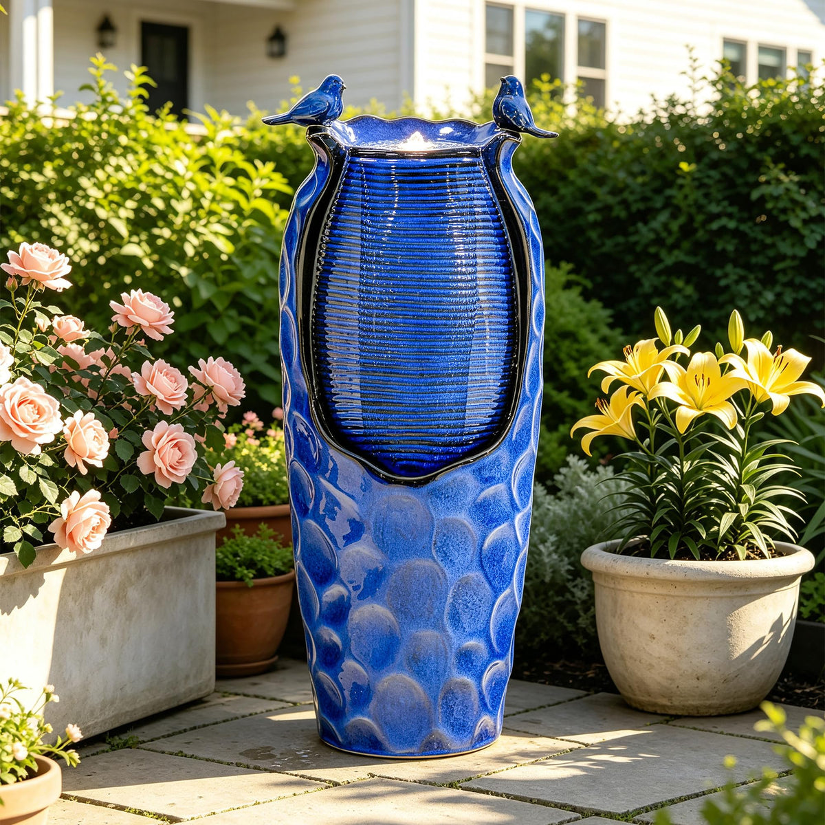 Autodaya 33" Vase Ceramic Outdoor Water Fountain with Lights and Birds (33"h-hammered Cobalt Blue)