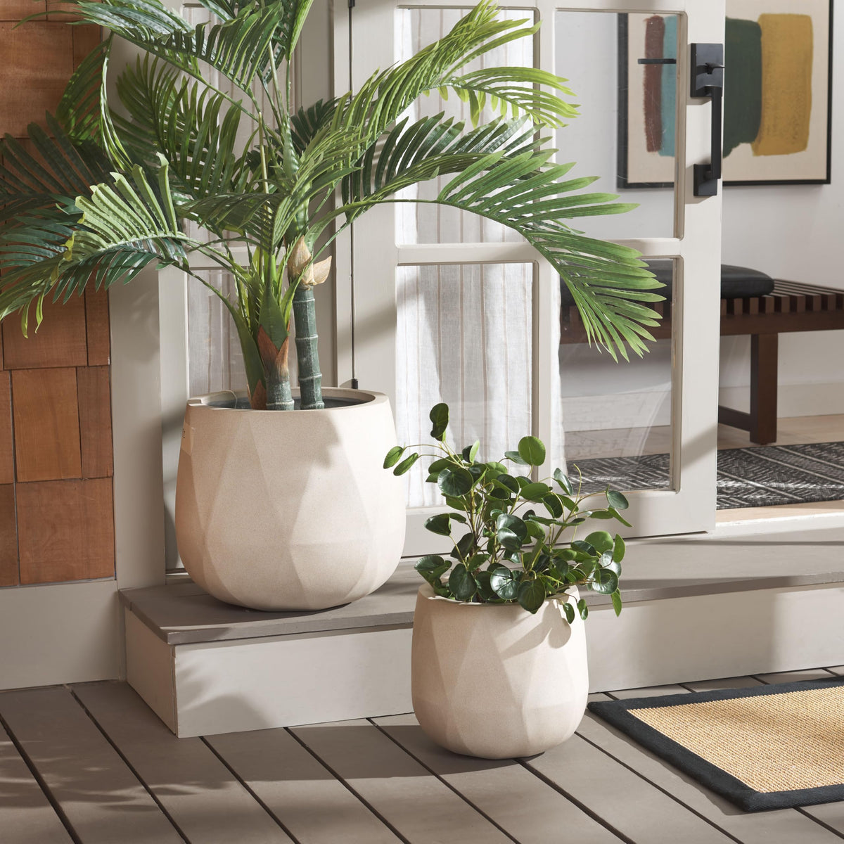 Outdoor Collection Kane Beige Cement Ficonstone Planter Pot Set of 2 (16"W x 16"D x 14"H / Beige)