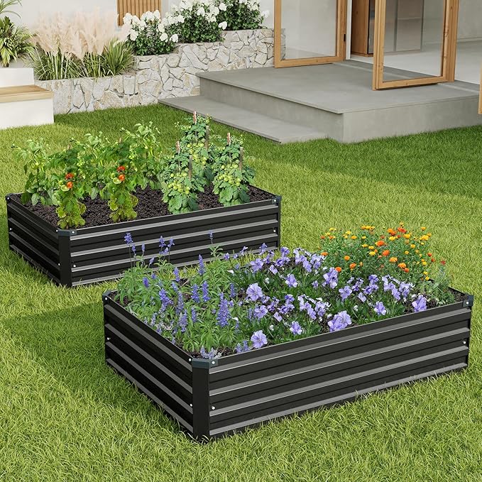 4×3×1FT(2PCS) Galvanized Raised Garden Bed Kit, Metal Planter Boxes,Large Raised Garden Bed for Planting Vegetables,Flowers,Herbs -Black