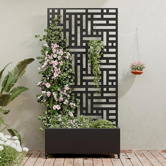 Casaphoria Metal Raised Garden Bed with Trellis and Wheels, 72"x35"x16" Planter Box for Climbing Plants, Vegetables & Vines, Features Drainage Holes and Privacy Screen (Black-Helen)