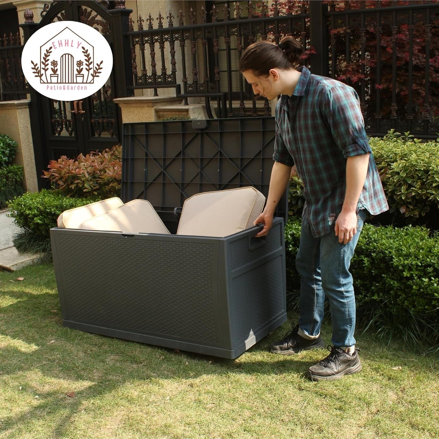 121 Gallon Outdoor Storage Box Large, Lockable Outside Storage Containers Waterproof Patio Cushions Deck Boxes, Rattan Plastic Garden Hose Boxes Resin Pool Storage Bins, Grey