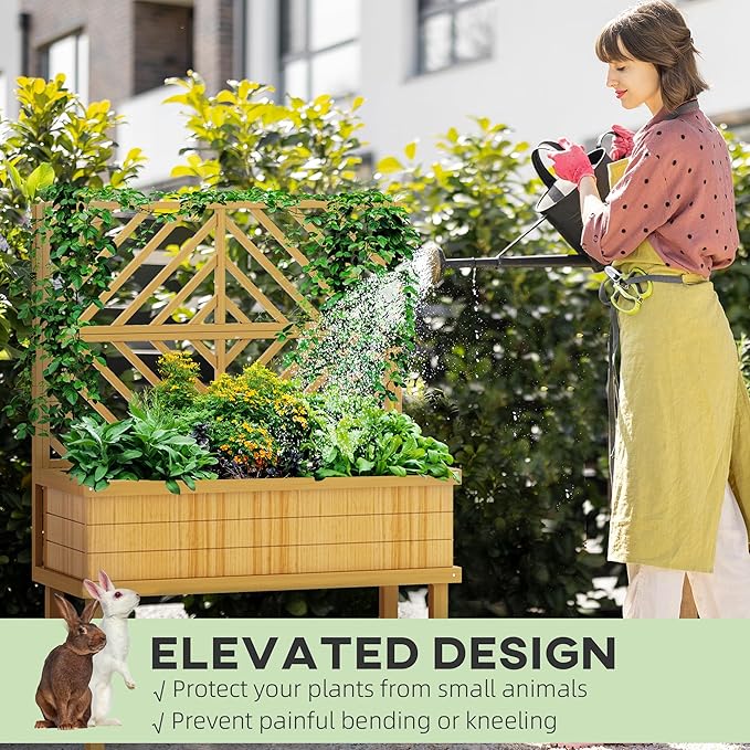 Outsunny Raised Garden Bed with Trellis for Climbing Plants, Vegetable, Grape Vines, Elevated Planter Box with Legs, Drainage Holes and Filter for Outdoor Garden, Patio, Natural Wood