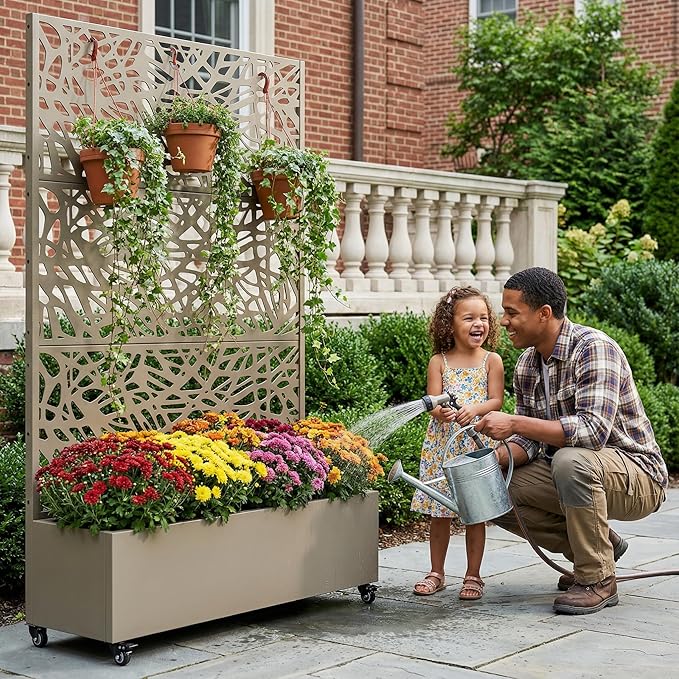 Casaphoria Metal Raised Garden Bed with Trellis and Wheels, 72"x47"x16" Arched Planter Box for Climbing Plants, Vegetables & Vines, Features Drainage Holes and Privacy Screen, Green-Net