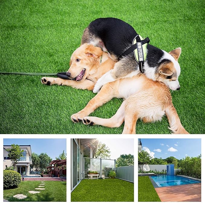 Artificial Grass Rug 7 FT x 67 FT Fake Faux Grass, Indoor Outdoor Patio Garden Lawn Landscape Synthetic Grass Mat, Realistic Turf, 4-Tone/Soft, with Drainage Holes & Rubber Backing