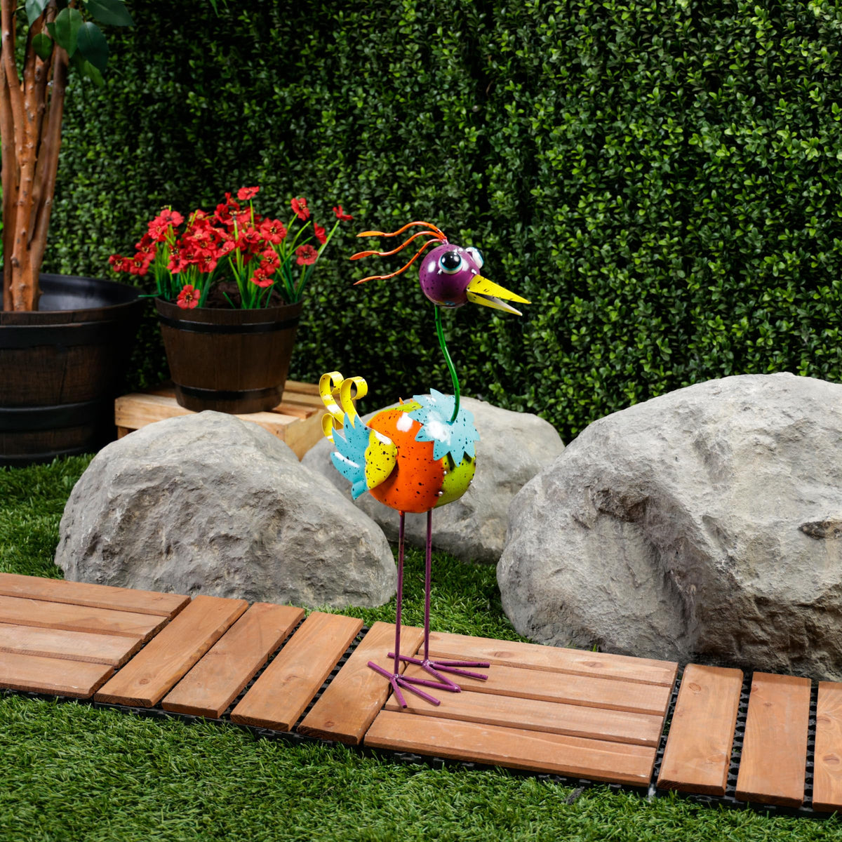 LAZ328HH Quirky Metal Rainbow Bird Decor (21" Multicolor Bird)