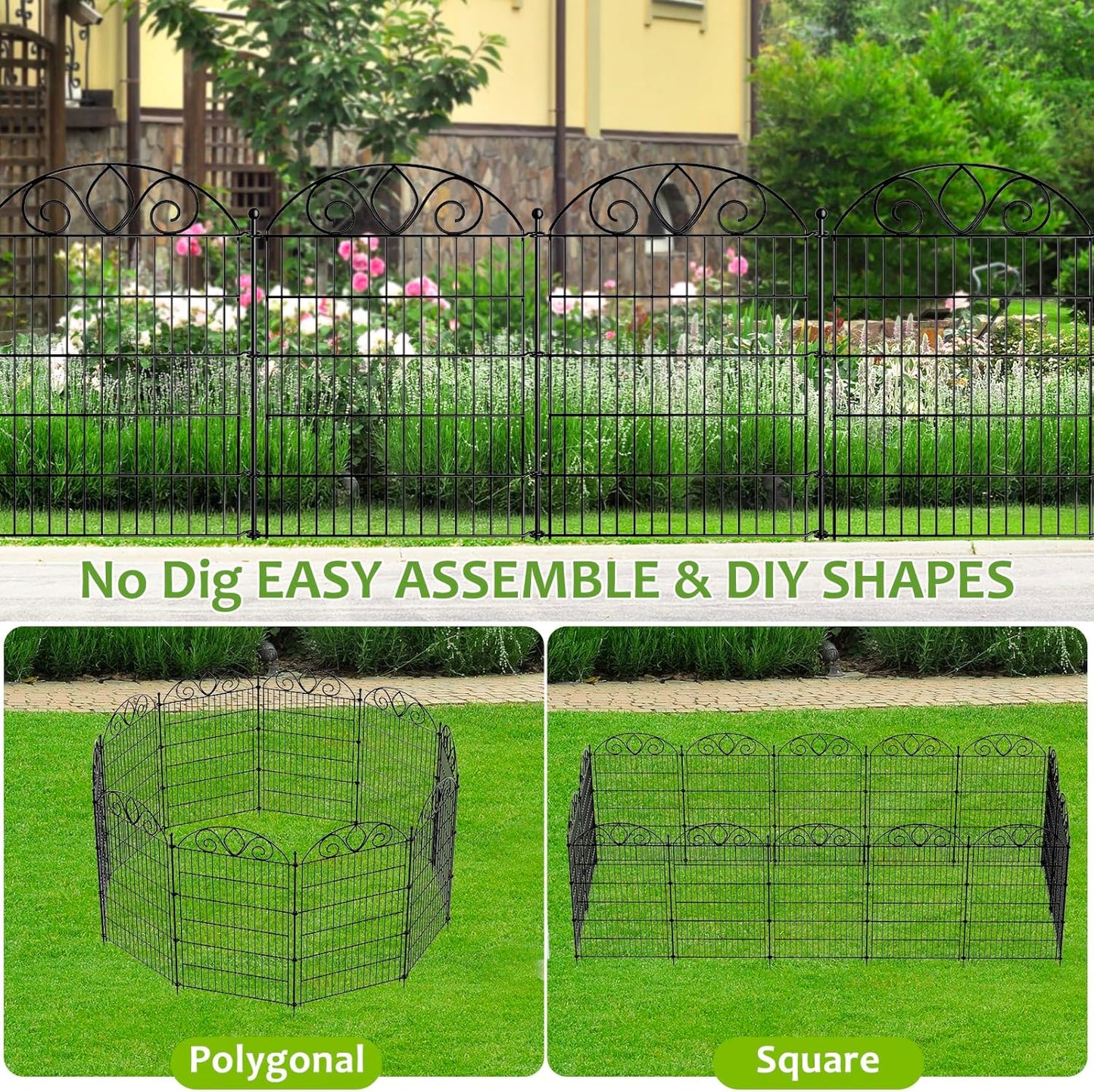 10 Panels No Dig Decorative Garden Fence with Gate – 28" H X 19.6' L Rustproof Metal Dog Fence Outdoor for Yard, Animal Barrier Fence for Pet, Garden Border, Patio, Flower | Temporary Fencing