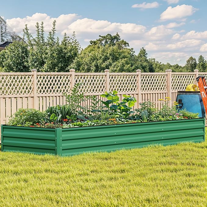 DWVO 12 x 4 x 1 FT Raised Garden Bed Kit, Outdoor Galvanized Flower Bed with Safety Rubber and Gloves, Large Metal Planter Box for Vegetables, Flowers, Herbs, Fruits, Green