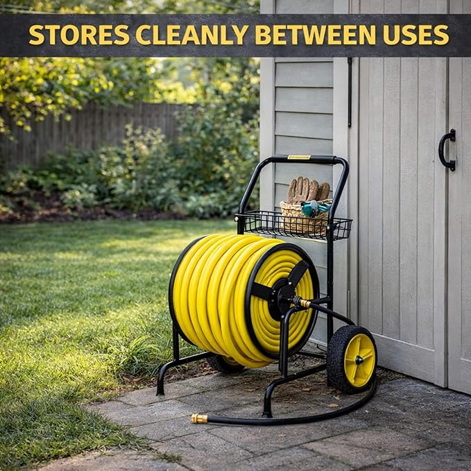 Hose Reel Cart, Hold Up to 300 ft of 5/8'', Garden Hose Cart with 2 Wheels, Heavy Duty Freestanding Water Hose Reels for Outside Garden Lawn Yard Outdoor (300ft Hose Capacity)