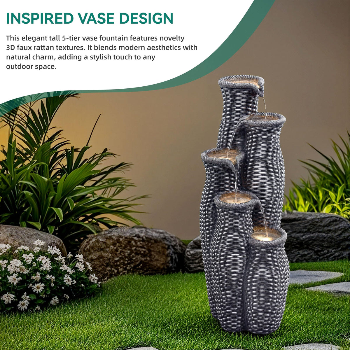 AUTODAYA 33" H Outdoor Water Fountain (Light Gray Faux Rattan 33"h)