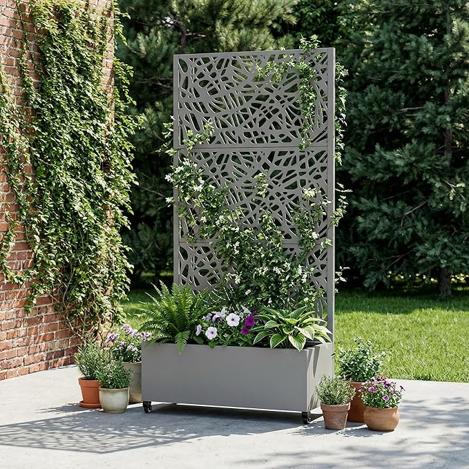 Casaphoria Metal Raised Garden Bed with Trellis and Wheels, 72"x35"x16" Planter Box for Climbing Plants, Vegetables & Vines, Features Drainage Holes and Privacy Screen, Grey-Net