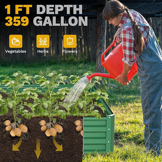 DWVO 12 x 4 x 1 FT Raised Garden Bed Kit, Outdoor Galvanized Flower Bed with Safety Rubber and Gloves, Large Metal Planter Box for Vegetables, Flowers, Herbs, Fruits, Green