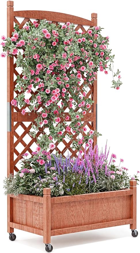 60 Inch Movable Raised Garden Bed with Trellis and Wheels, Wooden Freestanding Planter Box for Climbing Plants, Vegetables, Flowers, Outdoor & Indoor, Natural Fir Wood