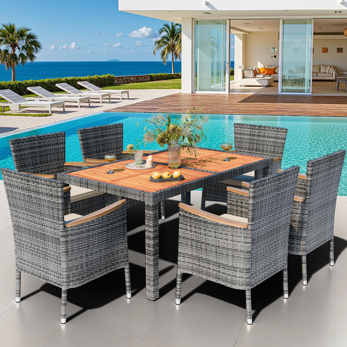 7 PCS Wicker Patio Dining Set (Grey / 7 Pieces)