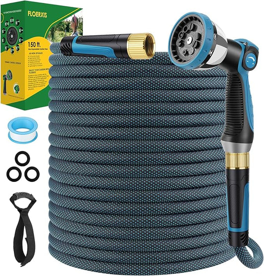 Non-Expandable Garden Hose 150 FT, Lightweight Hose with 10 Function Spray Nozzle, Kink-Free Flexible Water Hose, Durable, Leak-Proof, 360° Swivel Connectors, Portable Storage Strap