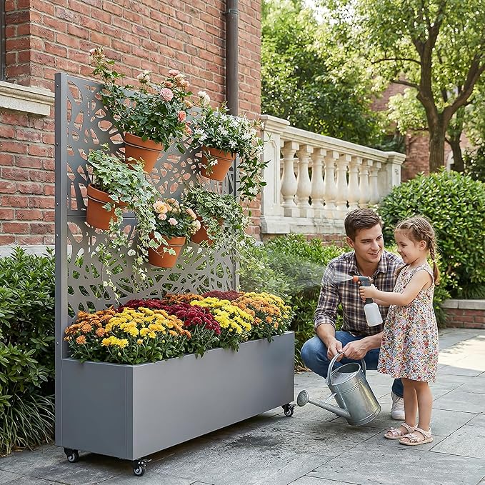 Casaphoria Metal Raised Garden Bed with Trellis and Wheels, 47"x47"x16" Planter Box for Climbing Plants, Vegetables & Vines, Features Drainage Holes and Privacy Screen, Grey-Net