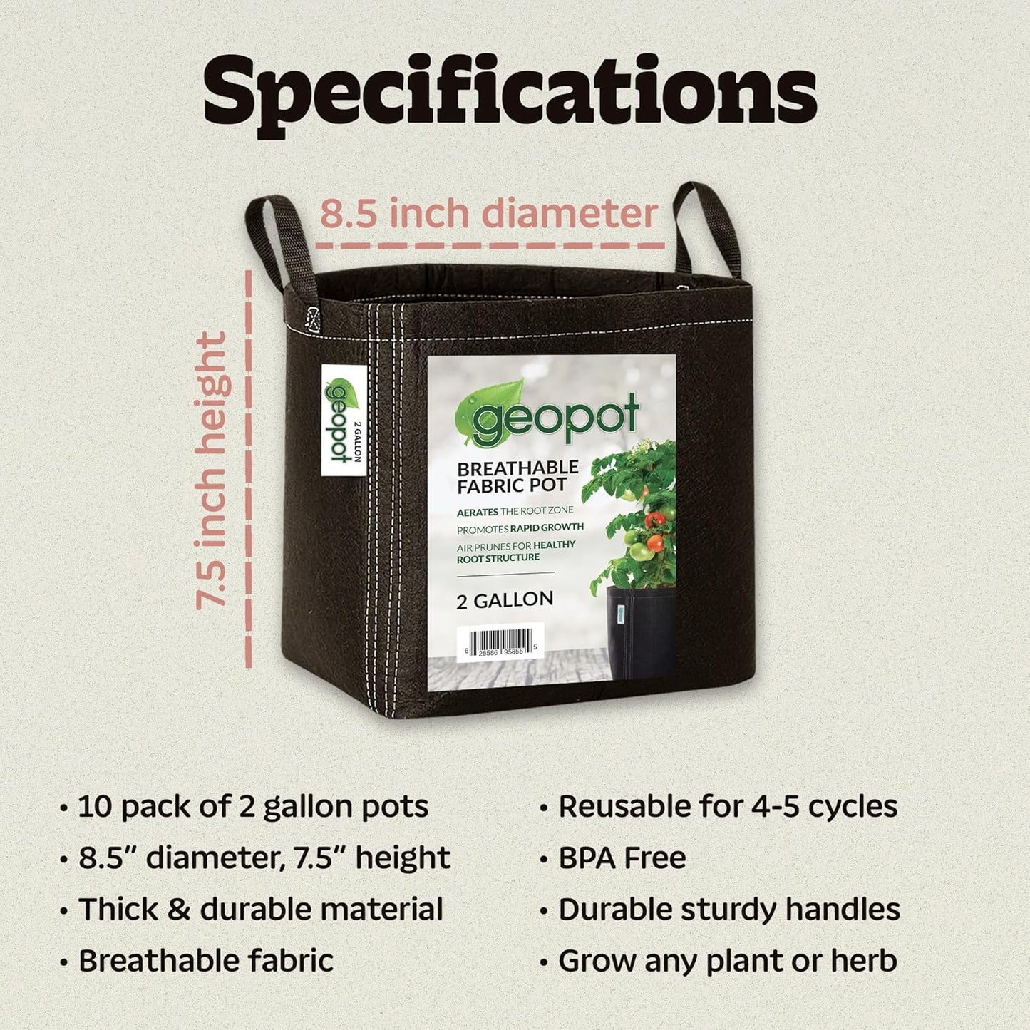 2 Gallon Fabric Grow Bags with Handles for Vegetables, Houseplants, Herbs & Flowers | 10-Pack | Fabric Pots for Outdoors and Indoors, Aerated Fabric Grow Bags