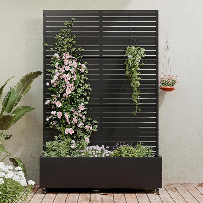 Casaphoria Metal Raised Garden Bed with Trellis and Wheels, 72"x47"x16" Planter Box for Climbing Plants, Vegetables & Vines, Features Drainage Holes and Privacy Screen (Black-Louvered)