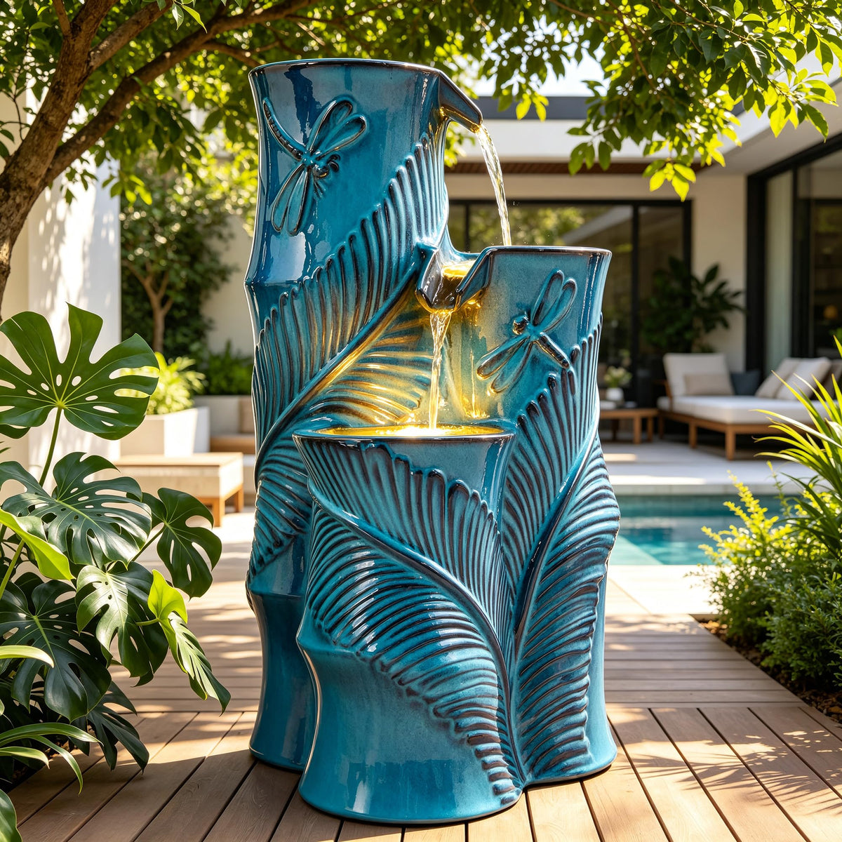 Autodaya Tropical Turquoise Ceramic Outdoor Water Fountain with Lights (25.5"h Bamboo-style Teal Blue)