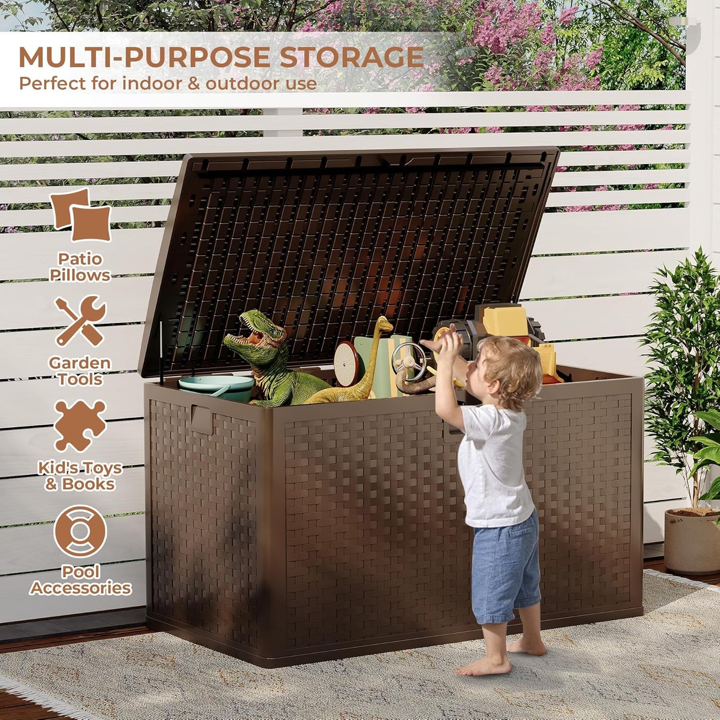 120Gallon Brown Resin Deck Box, Outdoor Storage Box Waterproof Lockable, Patio Deck Box For Package Delivery, Outside Storage Box Container for Furniture Cushions, Garden Tools, Pool Accessories