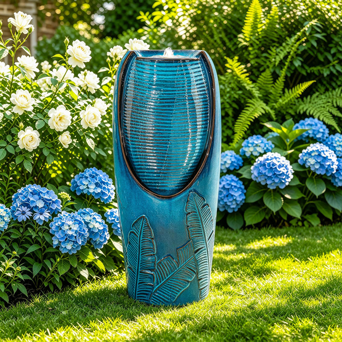 Autodaya 33" H Ceramic Jar Outdoor Water Fountain (32"h-leaf Pattern Teal Blue Glaze)