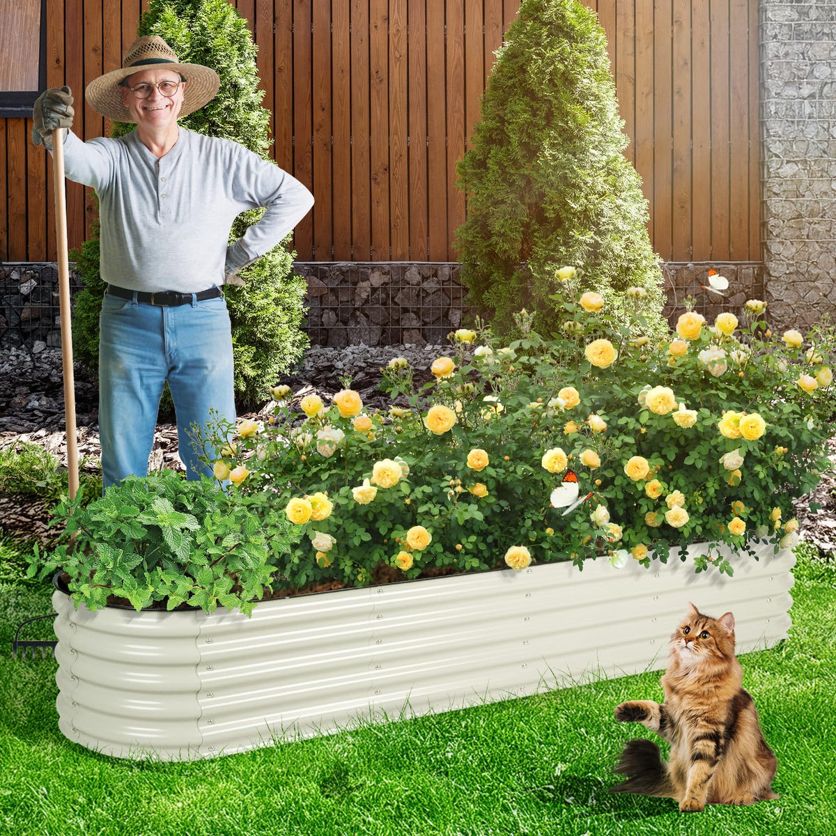 9-in-1 Modular Aluzinc Metal Raised Garden Bed, 89" L x 17.7" W x 17" H, Outdoor Planter Box for Vegetables, Flowers, and Herbs, Beige