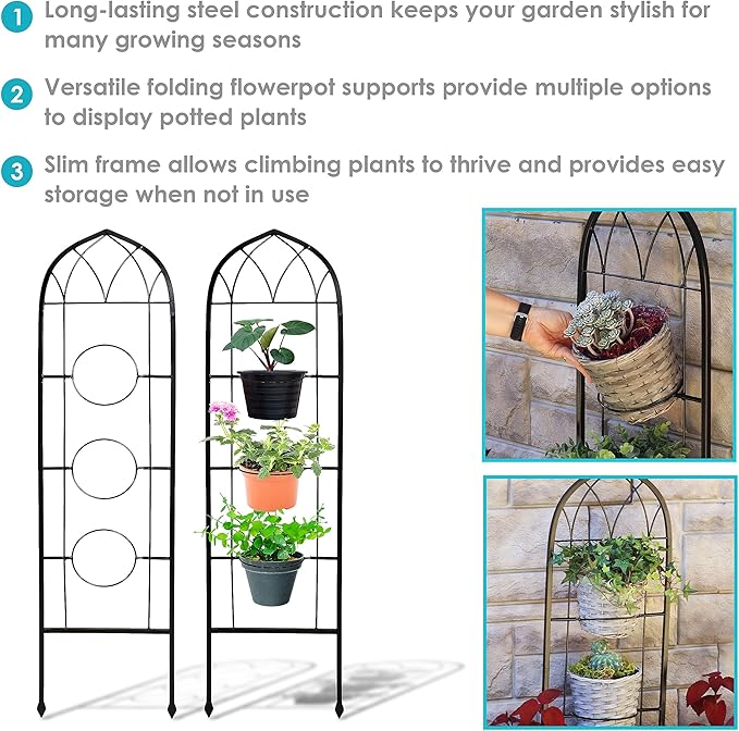 Sunnydaze Steel 2-Piece Arched Garden Trellis for Climbing Plants with 3 Folding Flowerpot Supports - 48"