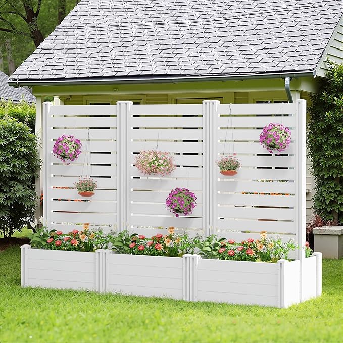 Casaphoria Raised Garden Bed with Trellis, 71"x35"x24" Planter Box with Open Bottom for Gardening Vegetables & Vines and Climbing Plants, White