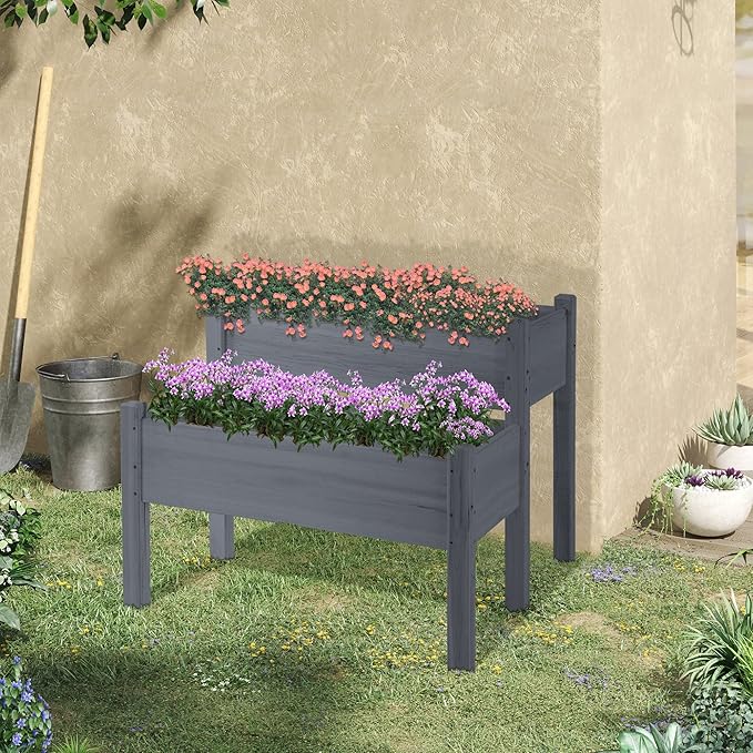 Outsunny 34"x34"x28" Raised Garden Bed, 2-Tier Elevated Wood Planter Box for Backyard, Patio to Grow Vegetables, Herbs, and Flowers, Gray
