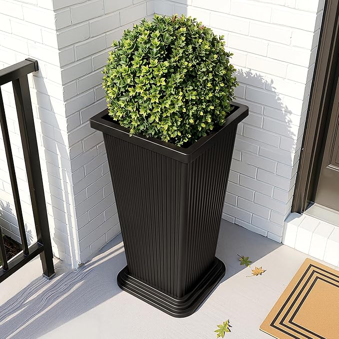 Tall Black Planters Outdoor Set of 2, Large Outdoor Tall Planters Pots with Tray, Modern Tapered Flower Planter for Front Porch, Patio, Garden (24", Ribbed)