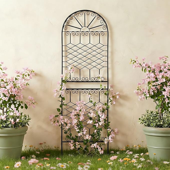 SCENDOR 82.7" H x 26.7" W Extra-Tall Decorative Metal Garden Trellis, Rustproof Iron Arched Trellis with Scrollwork for Large Climbing Plants, Ideal for Roses, Clematis, and Privacy Screens 1 Pack