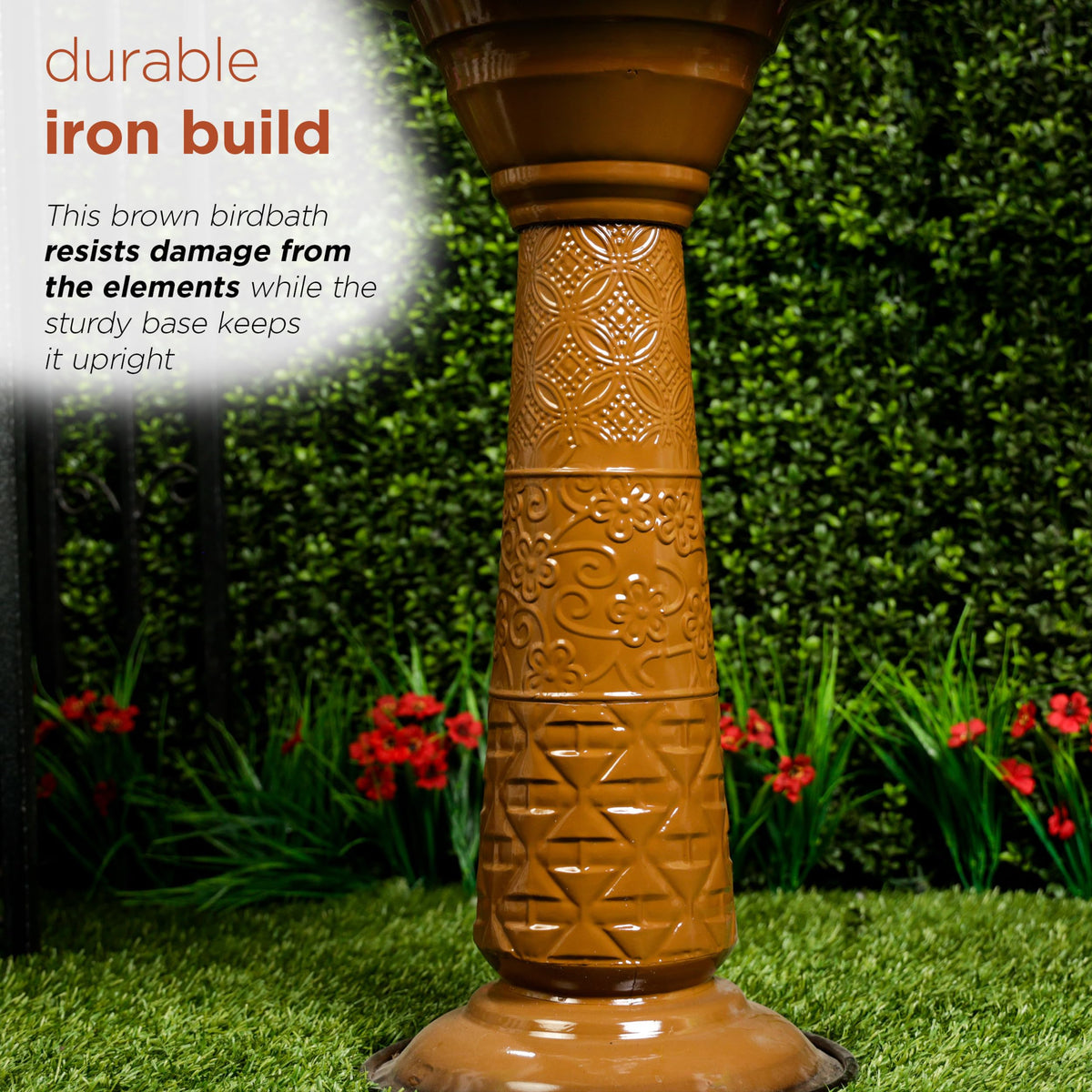 ORS112BR Vintage Outdoor Shallow Bowl Metal Pedestal Birdbath with Stand (Brown)