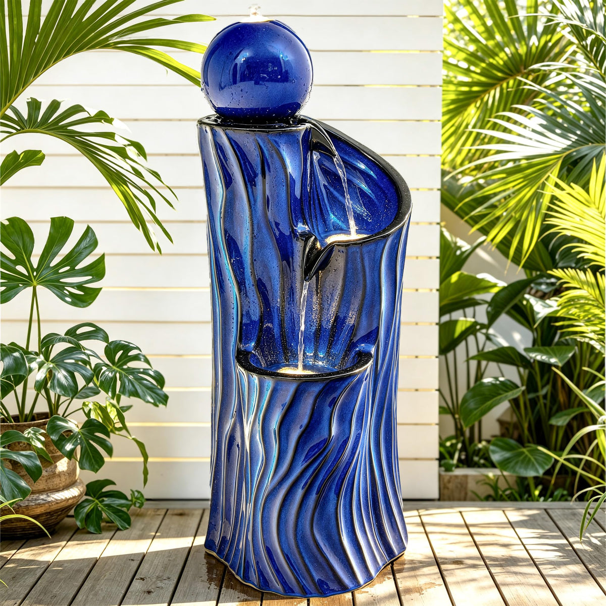 32"Ceramic 3 Tier Sphere Outdoor Water Fountain (Blue Wave Texture Cobalt 32"h-sphere)