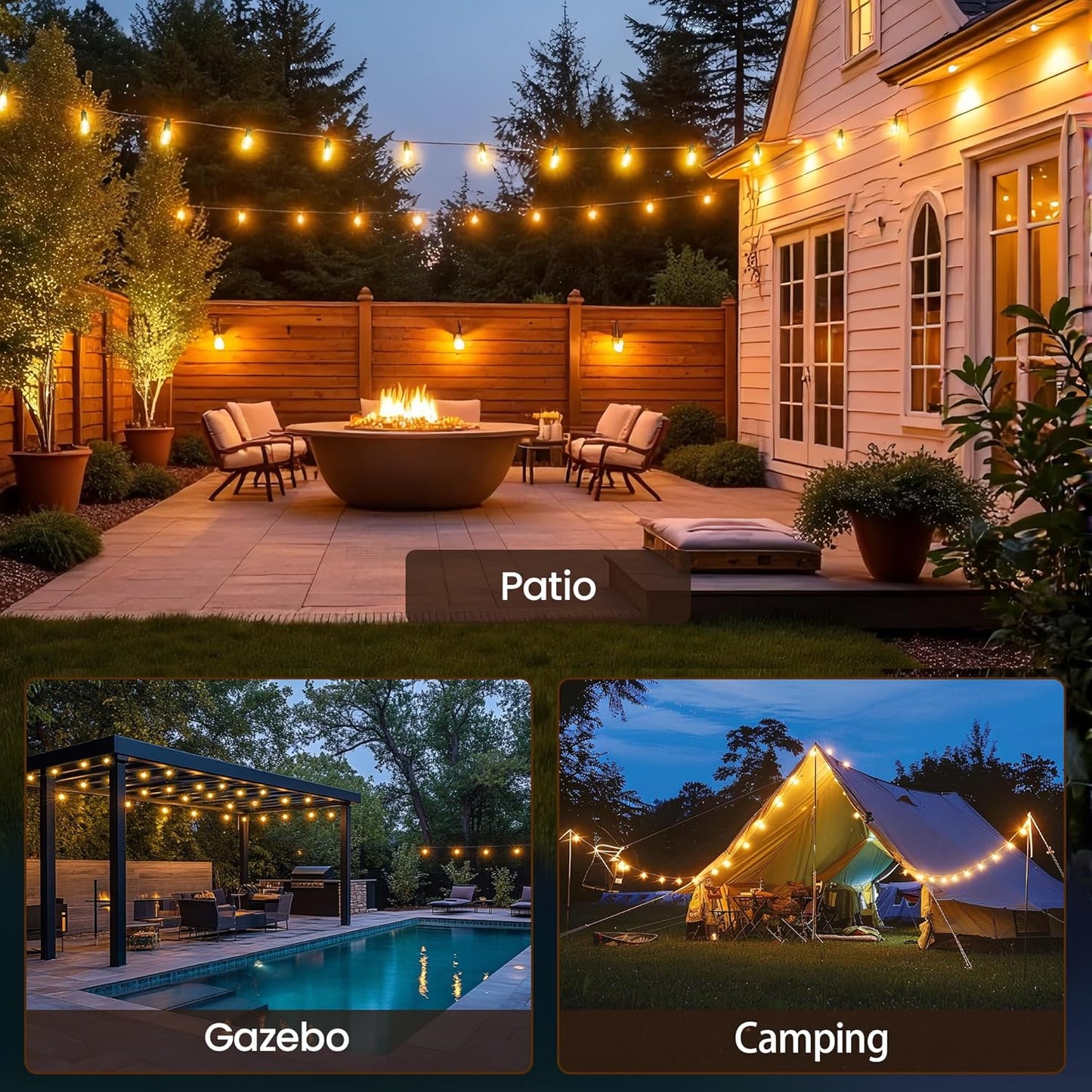 Solar String Lights Outdoor Waterproof 66 FT 30 Sockets 32 LEDs Patio Lighting, USB Charge & Remote Controlled Dimmer Timer, Solar Outdoor Lights for Patio Yard Outside Camping Party 2700K