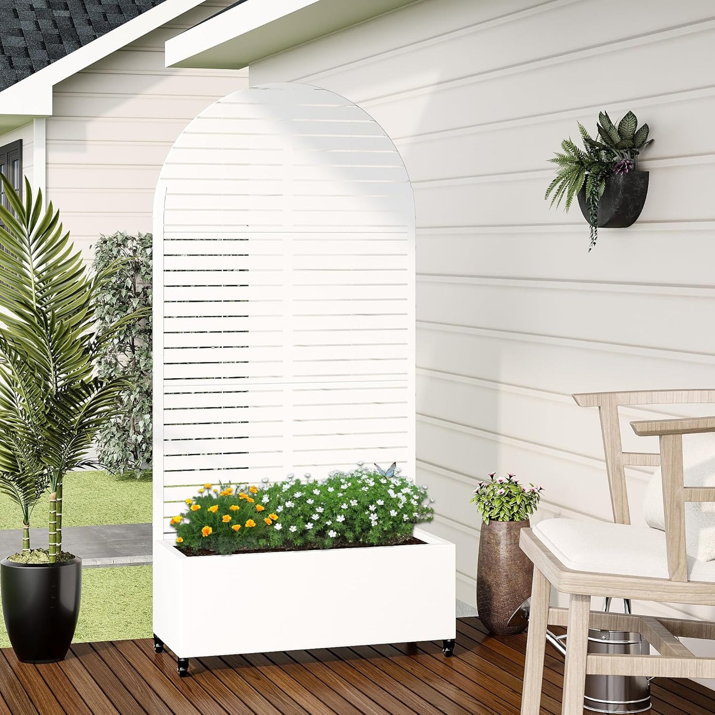 Casaphoria Metal Raised Garden Bed with Trellis and Wheels, 72"x35"x16" Arched Planter Box for Climbing Plants, Vegetables & Vines, Features Drainage Holes and Privacy Screen (White-Louvered)