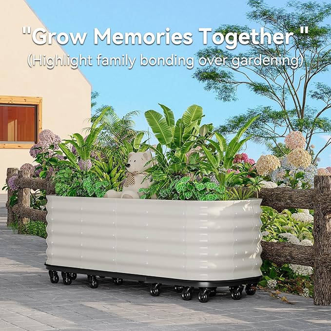 95x24x20 in Galvanized Raised Garden Bed with Wheels & Water Reservoir – Durable Outdoor Planter Box, Elevated Raised Beds for Gardening, Portable Garden Box for Indoor/Outdoor Plants,White