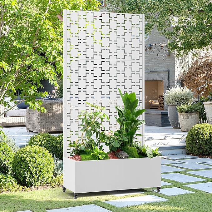 15.7"×70.9"×35.4" Metal Raised Garden Bed with Trellis and Wheels - Tall Trellis Planter Box for Climbing Plants, Vegetables & Vines - Outdoor Privacy Planters for Patio (White-Square)