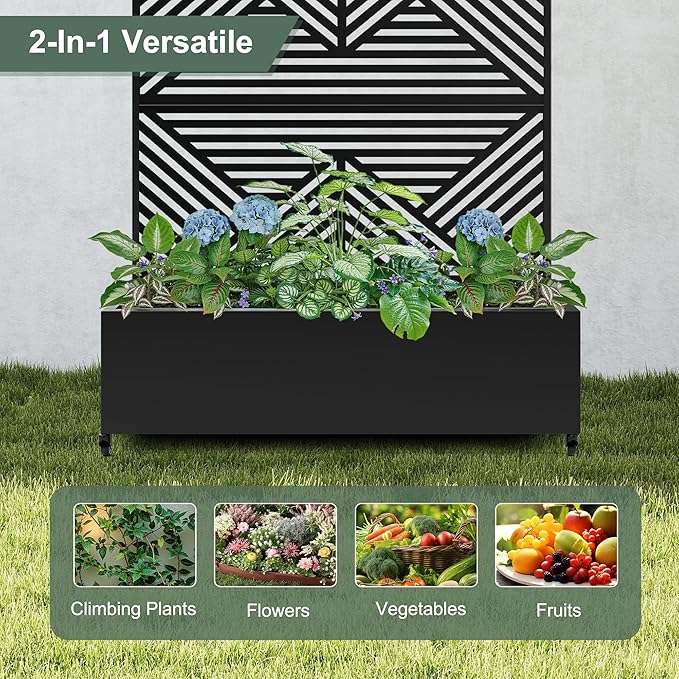 Standing Metal Planter Box with Trellis and Wheels for Climbing Plants, Raised Garden Beds with Drainage Holes, 47" L×16" W×71" H Privacy Boxes with Trellis (Black Zodiac)
