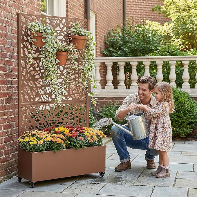 Casaphoria Metal Raised Garden Bed with Trellis and Wheels, 72"x35"x16" Planter Box for Climbing Plants, Vegetables & Vines, Features Drainage Holes and Privacy Screen, Brown-Net