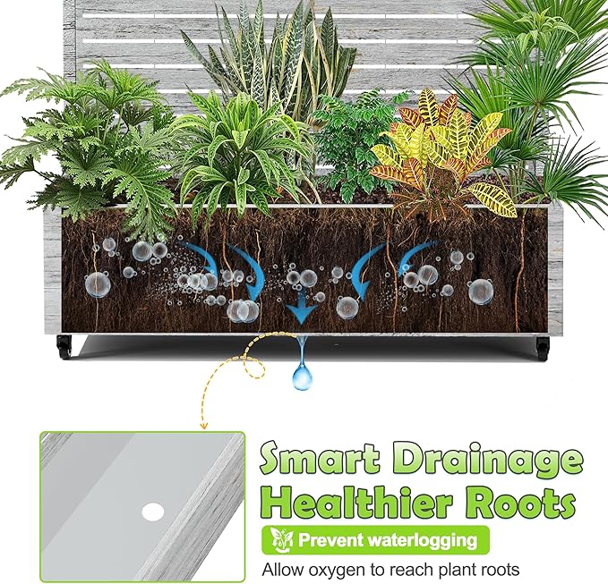 15.7"×70.9"×47.2" Metal Raised Garden Bed with Trellis and Wheels - Tall Trellis Planter Box for Climbing Plants, Vegetables & Vines - Outdoor Privacy Planters for Patio (White Oak Grain)