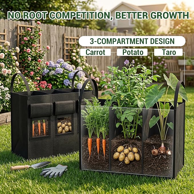 24 Gallon 2 Pack Potato Grow Bags with Visible Harvest Window & Handles, 3-Compartment Nonwoven Fabric Planters Grow Bags for Potatoes, Potato Planter for Growing Tomato, Vegetables, Flower