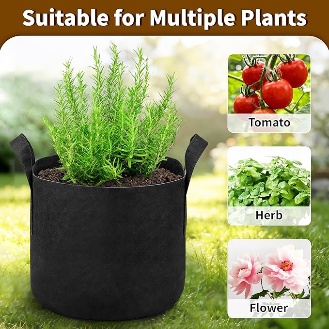 12 Pack 3 Gallon Grow Bags, Heavy Duty 300g Nonwoven Fabric Plant Pots with Reinforced Handles, Breathable Potato & Tomato Grow Bags for Vegetables, Peppers, Herbs - Black