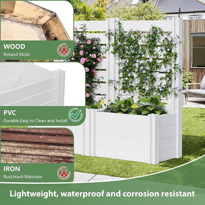 Casaphoria Raised Garden Bed with Trellis, 47"x24"x16" Planter Box with Open Bottom for Gardening Vegetables & Vines and Climbing Plants, White