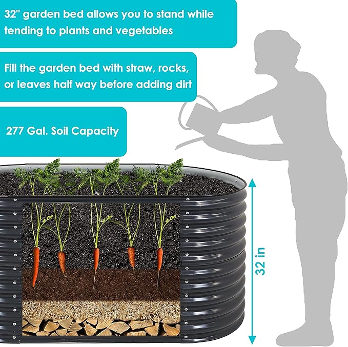 Sunnydaze 62.5-Inch Oval Raised Garden Bed Outdoor - Modular Raised Garden Bed with Rubber Edge Trim - Dark Gray