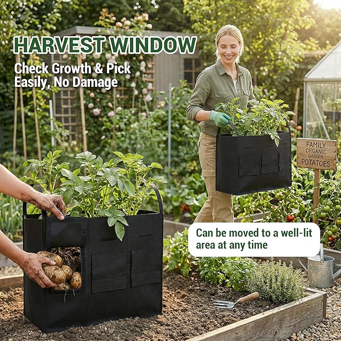 24 Gallon 2 Pack Potato Grow Bags with Visible Harvest Window & Handles, 3-Compartment Nonwoven Fabric Planters Grow Bags for Potatoes, Potato Planter for Growing Tomato, Vegetables, Flower