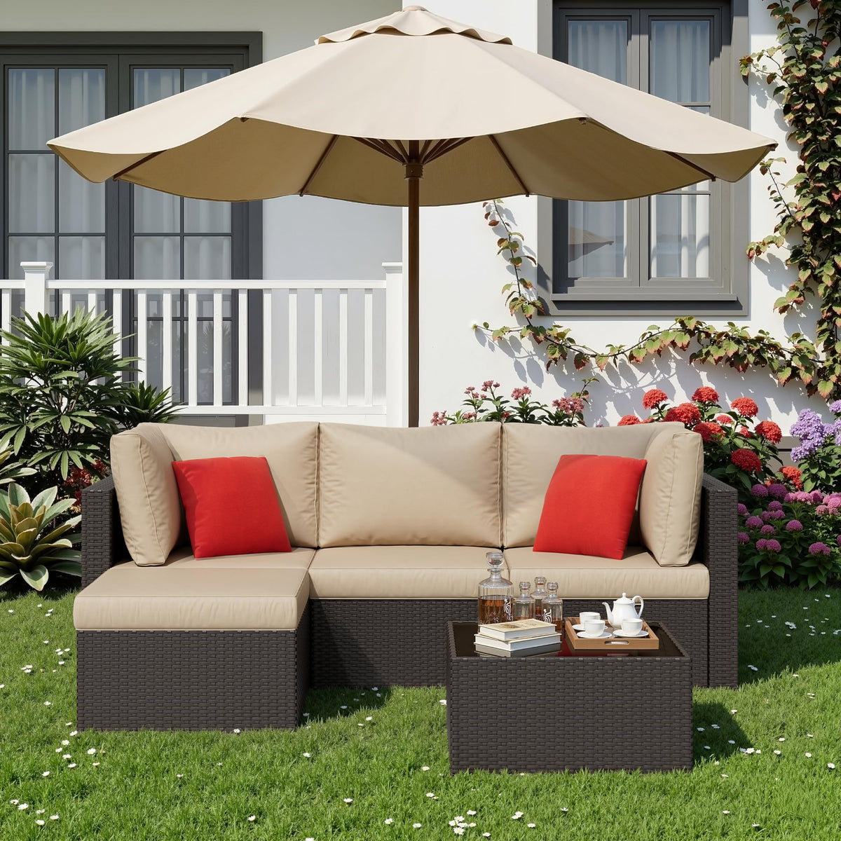 5 Pieces Patio Furniture Sets Outdoor All (Beige / 5 pcs)