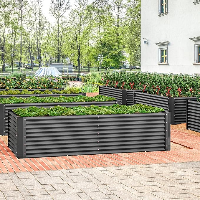 DWVO 2pcs 8 x 4 x 2 FT Raised Garden Bed Kit, Outdoor Galvanized Flower Bed with Safety Rubber and Gloves, Large Metal Planter Box for Vegetables, Flowers, Herbs, Fruits, Black